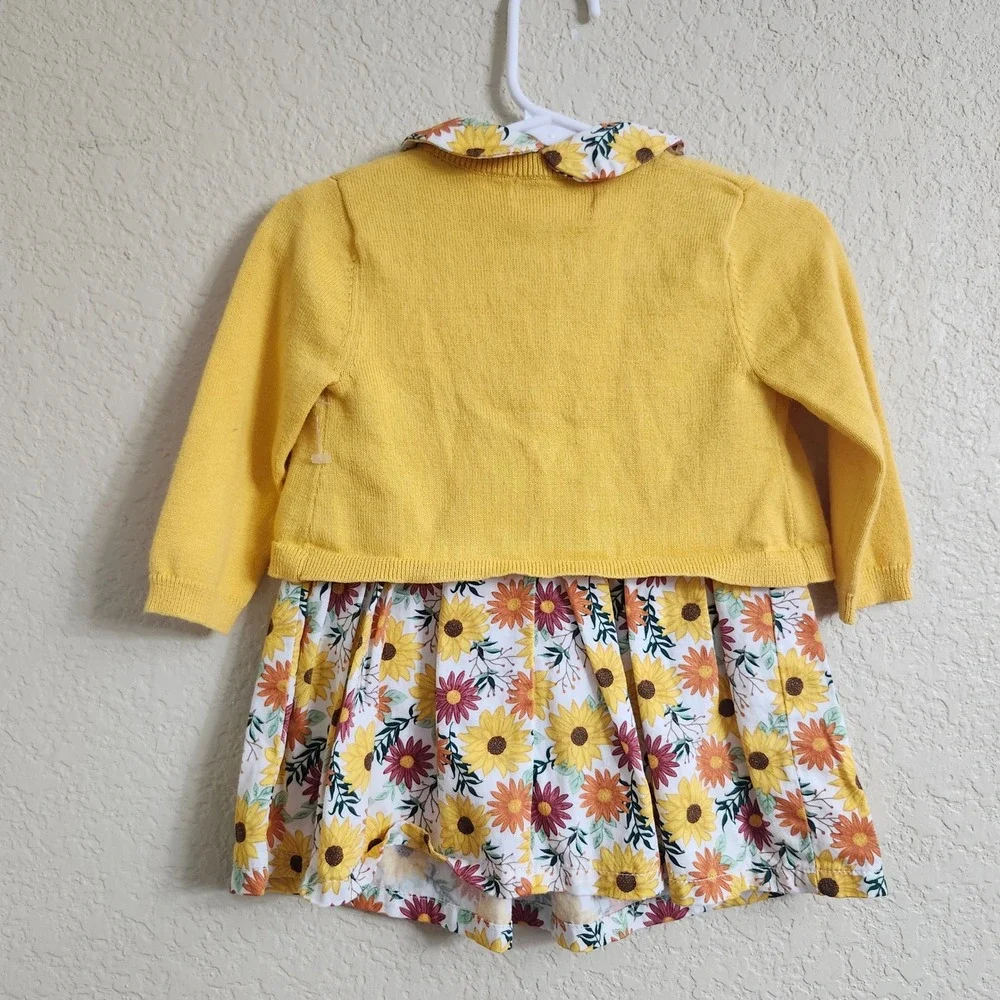 Good Lad Baby Girls 12M Yellow Sunflower Cardigan Dress‎ Set Peter Pan Collar